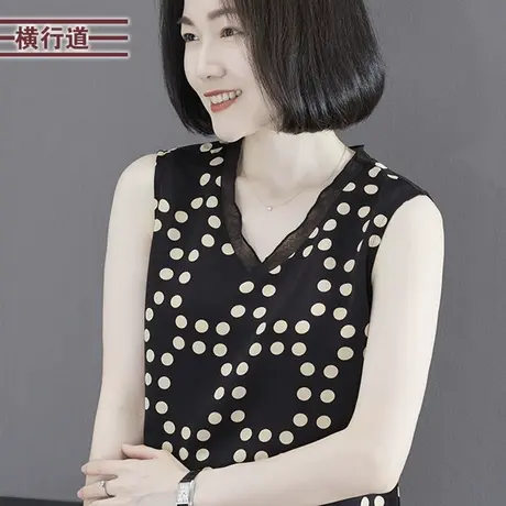 2025夏季新款简约休闲V领波点雪纺无袖背心上衣女外穿大码妈妈装商品大图