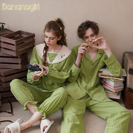 Bananagirl睡衣女春秋长袖纯棉可爱甜美新婚情侣睡衣女孩家居服男商品大图
