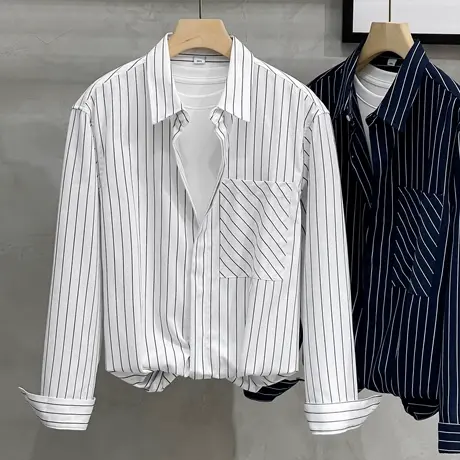 日系工装条纹衬衫男长袖春秋潮美式简约宽松男士寸衫休闲衬衣外套商品大图