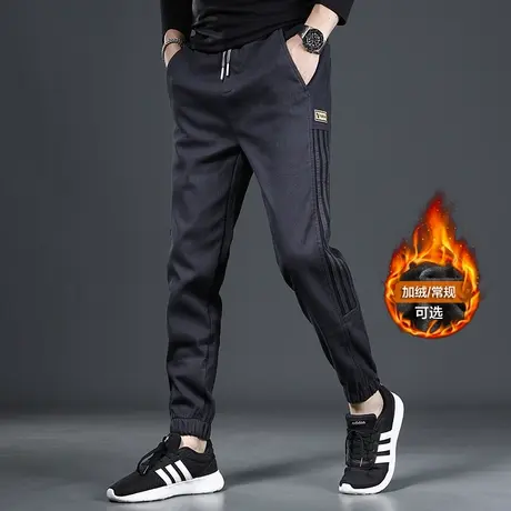 休闲裤男秋冬季加绒加厚灰色潮牌修身束脚2022年新款男士厚款裤子商品大图
