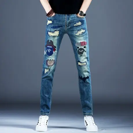 复古做旧破洞刺绣牛仔裤男款美式高街小脚修身新款秋冬花裤子潮流商品大图