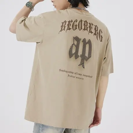 后背面字母体恤男士夏季青少年帅气全棉t印花t恤男款圆领短袖上衣商品大图