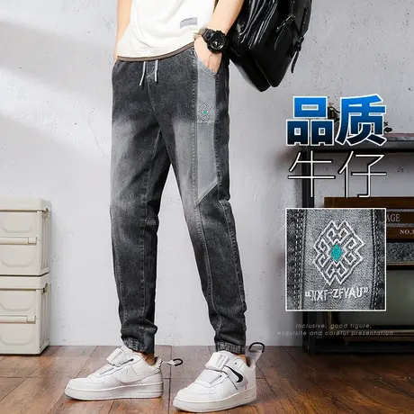 夏季薄款潮牌痞帅系带牛仔裤男生束脚萝卜老爹哈伦男裤子男士夏天商品大图