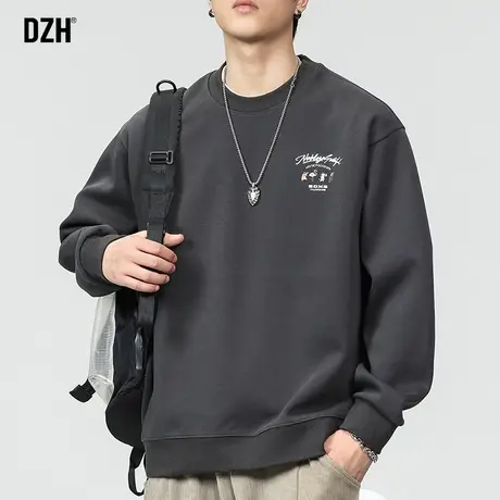 男士灰色长袖卫衣男重磅圆领秋季印花上衣长袖打底衫男装2024新款商品大图