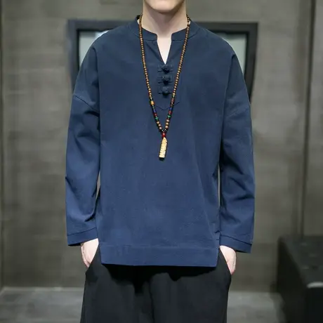 秋季古风中式盘扣V领纯棉长袖T恤中国风茶艺禅服男禅修居士服上衣商品大图
