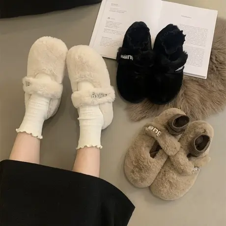 仙女风水貂毛毛鞋女外穿2023冬季新款保暖平底棉单鞋女加绒豆豆鞋商品大图