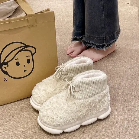 踩屎感厚底棉拖鞋女冬季时尚绑带室内家居高包跟防滑毛绒保暖棉鞋商品大图