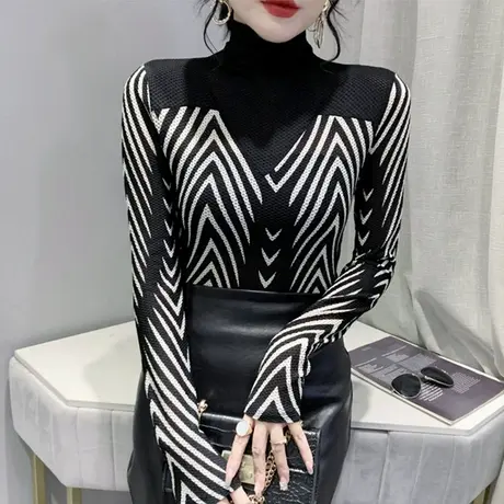 加绒加厚网纱拼接半高领上衣气质斑马纹T恤女长袖洋气修身打底衫商品大图