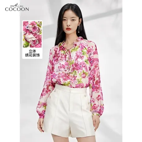 misscocoon桑蚕丝印花雪纺衫女2023新款春季时尚洋气别致真丝上衣商品大图