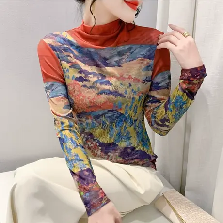 时尚印花网纱打底衫T恤女时尚气质半高领内塔修身减龄上衣ins秋冬商品大图