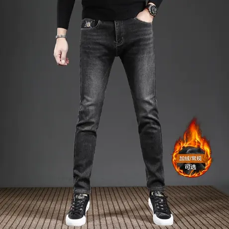 加绒牛仔裤男秋冬款2023新款深灰色修身小脚弹力休闲男士裤子冬季商品大图