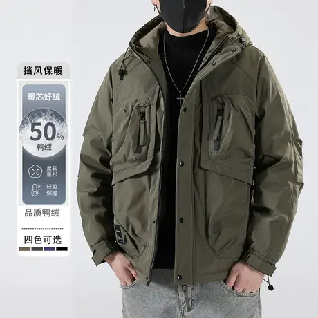 设计感白鸭绒美式潮牌工装连帽冲锋衣冬季男士加厚保暖羽绒服外套商品大图