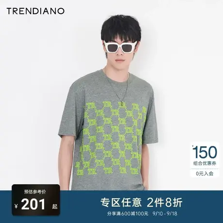 TRENDIANO官方潮牌男装简约时尚潮流复古老花植绒圆领短袖T恤男士商品大图