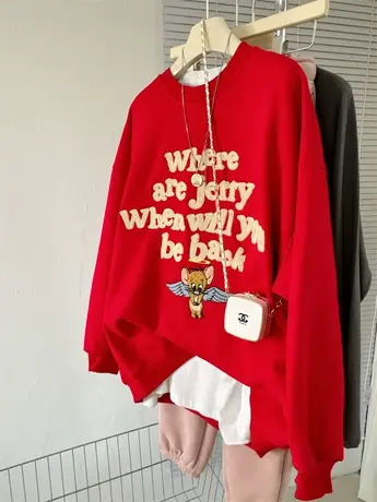 新年红~毛巾绣字母卡通前后刺绣加绒加厚女款中长款宽松大码卫衣图片