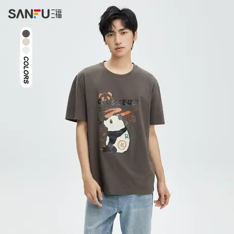 三福2023夏男士大熊猫印花纯棉短T恤 休闲宽松圆领上衣男473255商品大图