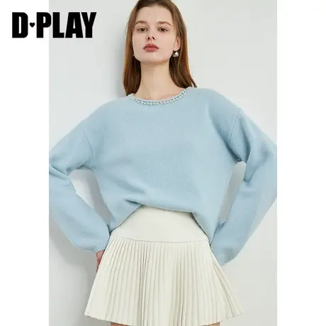 DPLAY冬慵懒风空气蓝圆领闪钻宽松百搭氛围感羊毛针织套头毛衣商品大图