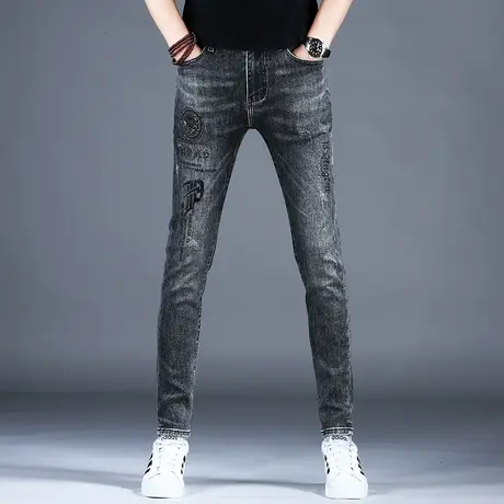 2023冬季男士新款牛仔裤时尚修身黑灰精致烫钻刺绣小脚裤棉弹潮男商品大图