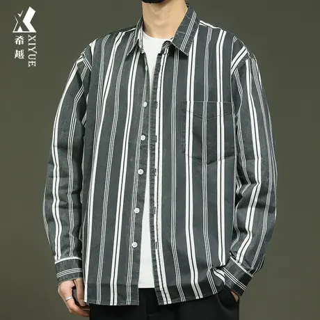 希越休闲条纹衬衫男2024春秋款宽松大码男士美式复古夹克翻领外套商品大图