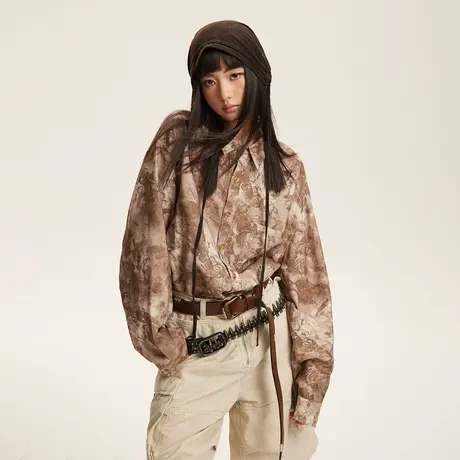 街头潮牌痞帅春日花衬衫女2024新款情侣装衬衣宽松设计感小众上衣商品大图