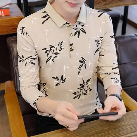 2023新款春季男士t恤polo衫长袖翻领纯棉潮流打底衫修身青年男装商品大图