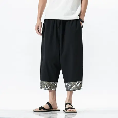 七分裤男夏季宽松直筒裤子拼接个性加肥大码阔腿裤沙滩印花休闲裤商品大图