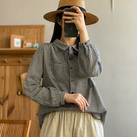 dza 复古翻领格子衬衫女2024春新款宽松休闲衬衣百搭文艺短款上衣商品大图