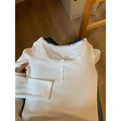 白色蕾丝边T恤长袖女春季韩版修身显瘦上衣小众设计感打底衫潮ins商品大图