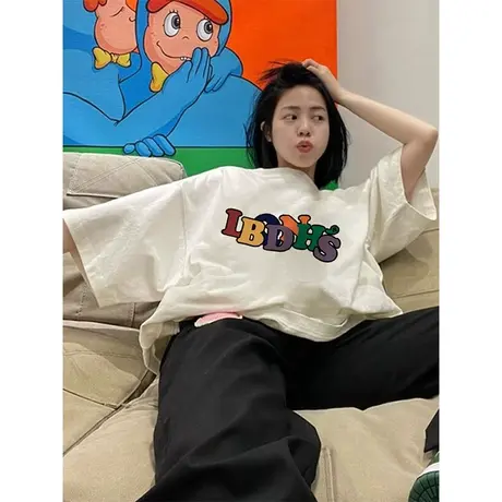 纯棉设计感彩色字母短袖t恤女夏季新款小众潮牌宽松半袖大码上衣商品大图