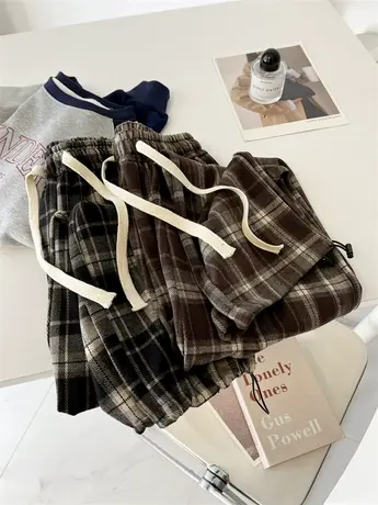 格子裤女复古毛呢春秋季休闲直筒阔腿宽松百搭显瘦运动束脚裤长裤商品大图