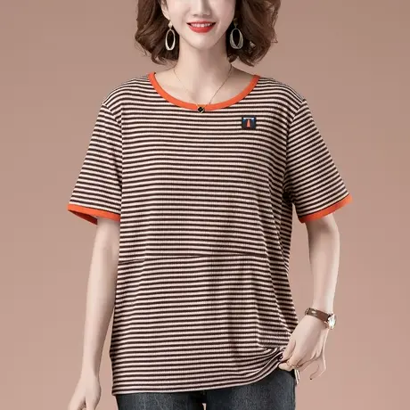 条纹短袖t恤女夏季加肥加大码女装宽松胖妈妈百搭遮肚子显瘦体恤商品大图