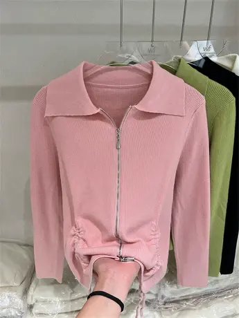 欧货Polo领拉链抽绳针织衫女2024春秋新款设计感显瘦弹力开衫上衣商品大图