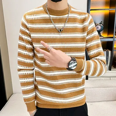 秋季条纹长袖针织打底衫男士毛衣韩版潮流百搭休闲青少年学生线衣商品大图