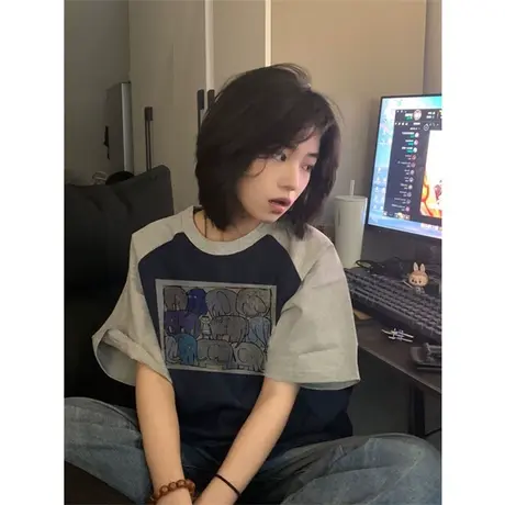 chic复古港味短袖T恤女韩版百搭宽松夏装拼接撞色纯棉半袖体恤潮商品大图
