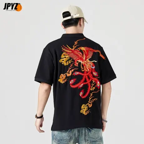 重工刺绣凤凰POLO衫男短袖大码国潮中国风纯棉翻领t恤宽松上衣服商品大图
