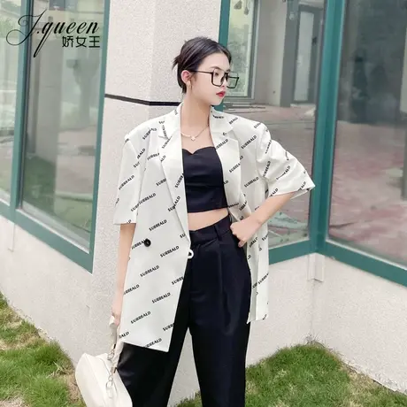 印花短袖西装外套女夏季薄款复古宽松高级感休闲廓形炸街小西服潮图片