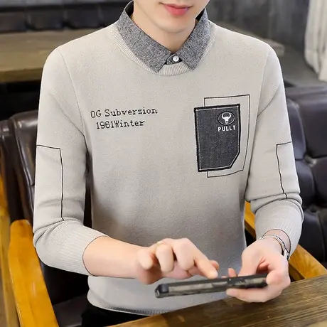 假两件毛衣男士秋冬季刺绣针织卫衣潮流时尚百搭休闲衬衫领打底衫商品大图