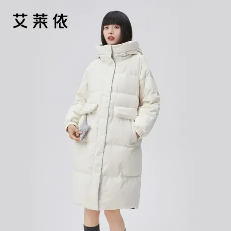 艾莱依2022年新款中长款休闲羽绒服女款冬季撞色连帽鸭绒保暖外套商品大图