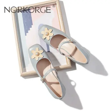 原创新款仙女风文蓝色玛丽珍单鞋配裙子旗袍小皮鞋真皮粗跟高跟鞋图片