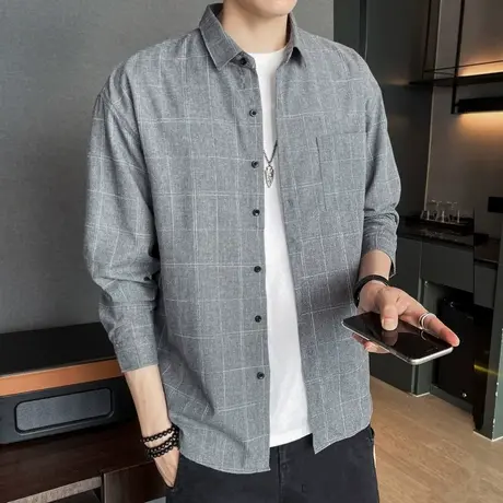 港风潮流秋季格子衬衫男休闲春秋长袖外套青少年男装上衣潮牌衬衣商品大图