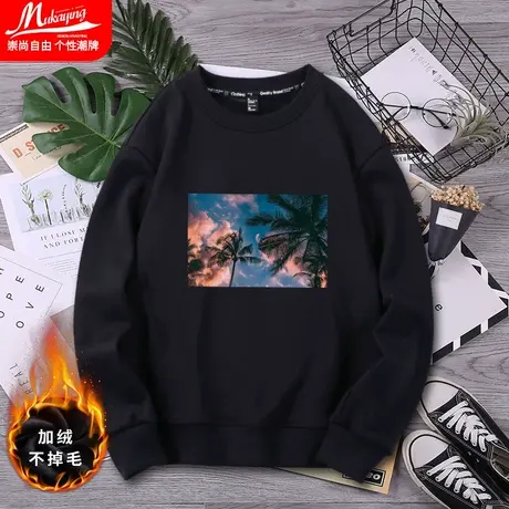 加绒卫衣男潮圆领男士秋冬款潮流学生宽松长袖加厚港风chic黑上衣商品大图