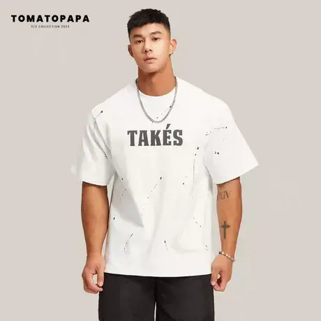 TOMATOPAPA新款短袖t恤男圆领男潮牌高街宽松落肩泼墨印花男上衣图片