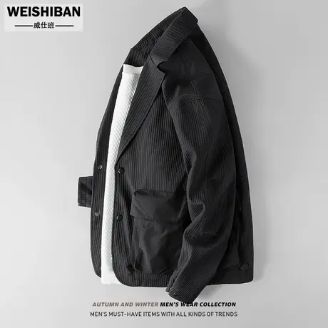秋季立体条纹拼接口袋休闲西装外套男士西服领落肩廓形翻领夹克潮商品大图