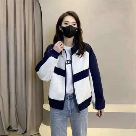 2023春秋新款立领时尚拼色棒球服外套女开衫韩版宽松休闲短款夹克图片