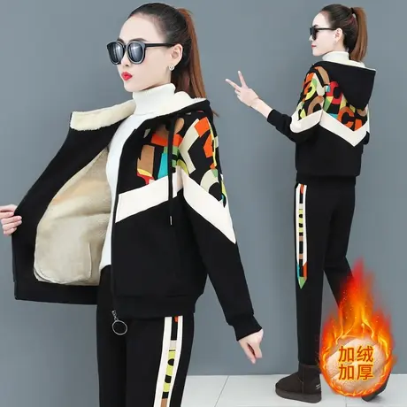加绒加厚休闲运动服套装女士秋冬新款韩版时尚宽松卫衣外套两件套图片