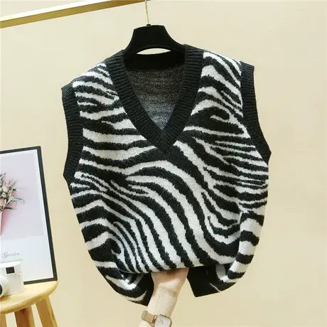 2023秋冬新款气质外搭针织背心马甲女士韩版宽松斑马纹毛衣马夹女商品大图