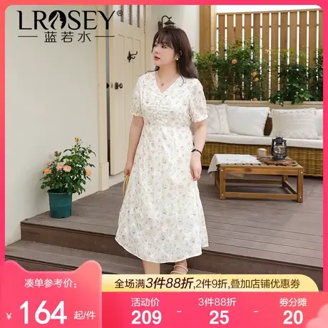 蓝若水大码法式V领连衣裙夏季新款胖mm气质显瘦雪纺碎花a字长裙女图片