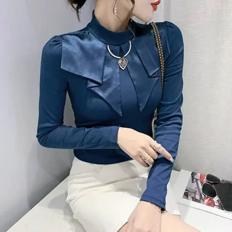 2023春装新款时尚立领长袖T恤女设计感复古上衣ins内搭修身打底衫商品大图