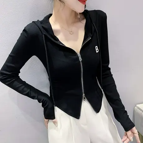 欧货拉链卫衣女春装设计感连帽衫高腰显瘦上衣长袖洋气短款打底衫图片