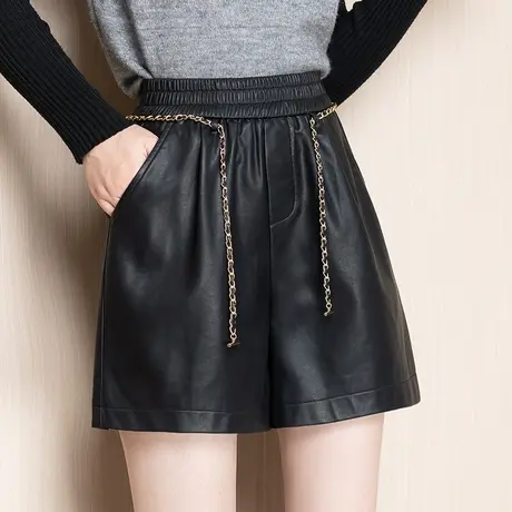 韩版PU皮短裤女秋季2023新款松紧腰链条a字阔腿裤外穿休闲裤靴裤商品大图