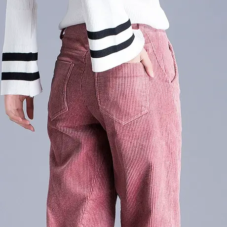 粉色灯芯绒裤子女秋冬萝卜裤加绒条绒裤女宽松哈伦裤冬季休闲女裤商品大图